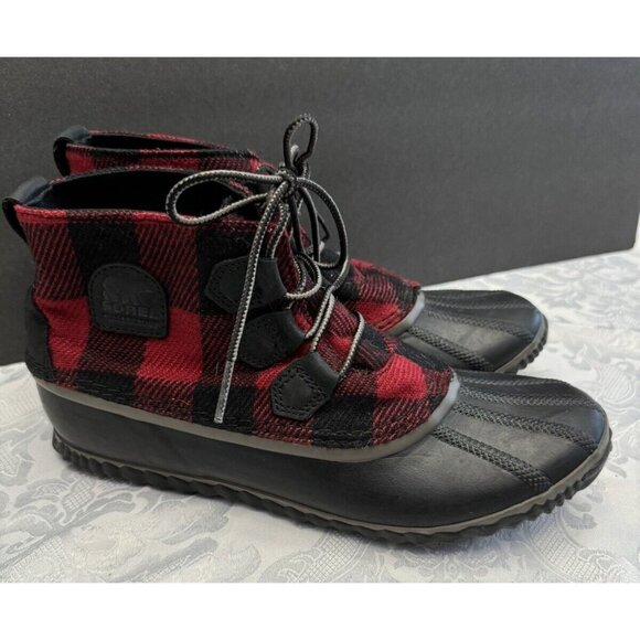 Sorel Out N‎ About Plaid Lace Up Rain Boots Red Black Buffalo Size 10.5 - Picture 1 of 11